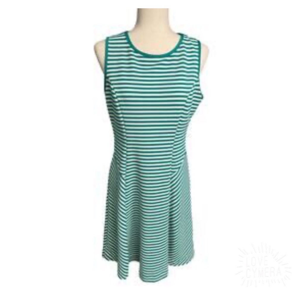 NY & Company Teal White Striped Fit Flare Dress M Summer Work - Picture 1 of 12